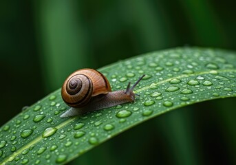 Naklejka premium A common garden snail glides slowly across a vibrant green leaf, covered in dew drops, during a warm and humid summer day after heavy rain ,garden ,trail ,movement