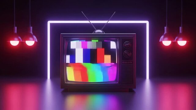 Neon retro television grid with colorful test patterns and glitch reflections.