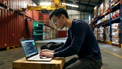 Man working on laptop in warehouse environment, coding and technology. - Powered by Adobe