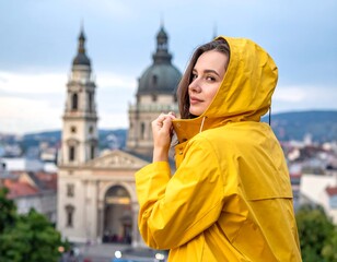 Fototapeta premium A young woman in a yellow raincoat poses with a European church in the background. She looks towards the camera