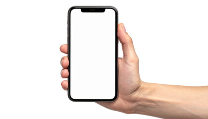 Hand Holding A Smartphone With Blank Screen Isolated On Transparent Background For Display