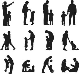 Silhouettes of parents interacting with children in various caring poses, family bonding, guidance, support, affection, and nurturing scenes for creative design projects