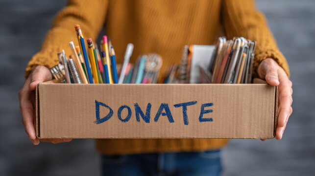 volunteer holds hands Cardboard donation with school stationery items. donate written on the box. Concept: donate of stationery. back to school. start of the school year. School supplies donation