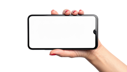 Hand Holding Smartphone with Blank Screen Isolated on Transparent Background for Digital Mockup
