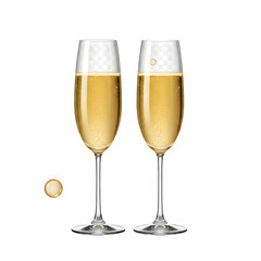 Cutout two elegant champagne flutes filled with sparkling golden bubbly wine, isolated on transparent background