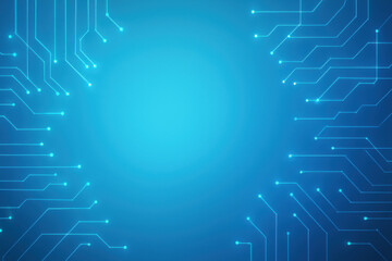 Glowing blue digital circuit board traces frame a bright subtle gradient background texture