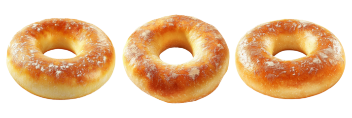 Fresh baked plain bagel with golden crust and light dusting of flour, isolated on white transparent background.