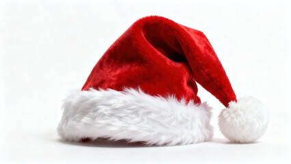 Red Santa Claus hat with white fur trim on a white background