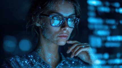 Software coding hologram and woman on tablet.