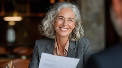 Smiling mature business woman hr holding cv document at job interview. Happy mid aged professional banking manager or lawyer consulting client sitting at workplace in corporate office meeting.