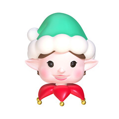 A 3D stylized elf head wearing a green hat and a red jester collar with gold jingle bells.