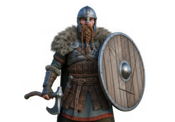 Viking warrior with axe and shield, detailed armor, isolated on transparent background isolated on transparent background
