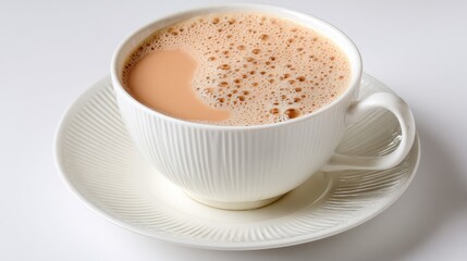 Obraz premium Hot beverage with frothy milk rests on a textured saucer.