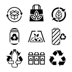 This icon set represents key concepts of recycling, sustainability, and responsible waste management.
