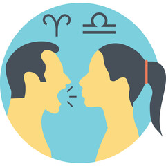 Two People Arguing With Zodiac Signs Aries And Libra Above Them In A Circle With A Light Blue Background In A Flat Design Style