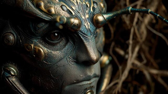 Mysterious Insectoid Creature Face Closeup with Intricate Metallic Armor