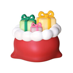 A 3D stylized red sack overflowing with colorful, ribbon-tied gifts and a puffy white trim.