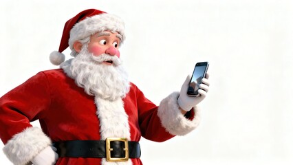 Santa Claus holding a smartphone against a white background