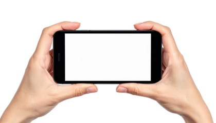 Hands Holding Smartphone With Blank Screen Isolated On Transparent Background