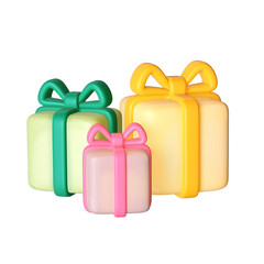 A 3D stylized group of three colorful gift boxes with large ribbon bows.