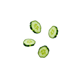 Floating cucumber slices with visible seeds and green skin, isolated on transparent background, emphasizing freshness and motion.