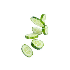 Floating cucumber slices with visible seeds and green skin, isolated on transparent background, emphasizing freshness and motion.