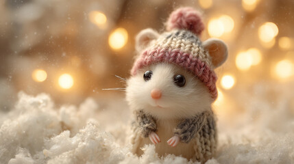 Obraz premium Adorable fluffy hamster wearing a knitted winter hat and sweater, sitting in soft snow with warm Christmas lights in the background. Perfect for holiday themes, cute decor, festive cards, and winter.