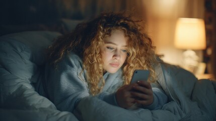 Plus Size Woman Experiences Cyberbullying While Scrolling on Her Phone at Night in Cozy Bedroom