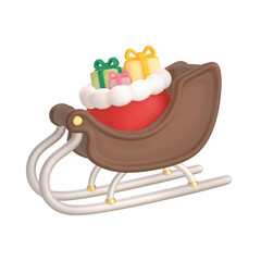 A 3D stylized brown sleigh with white runners carrying a red bag full of wrapped gifts.