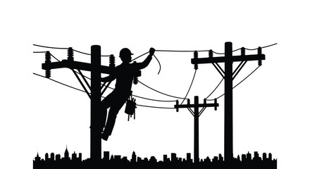 Lineman working on power lines above city skyline silhouette scene