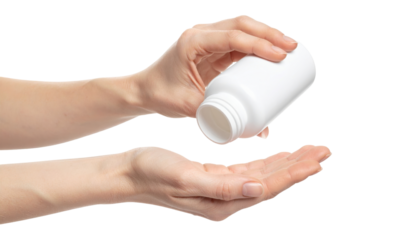 Hands Holding White Container with Pills Prepared for Health Supplements in a Neutral Environment