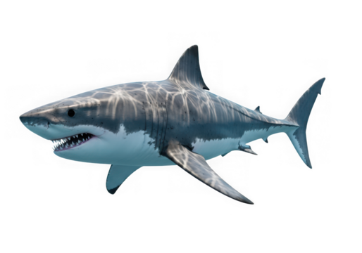 Great white shark swimming isolated on black background, side view, apex predator isolated on transparent background