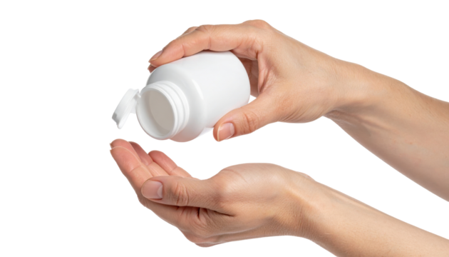 Hands Pouring Pills from a White Bottle in a Careful Manner on a Transparent Background