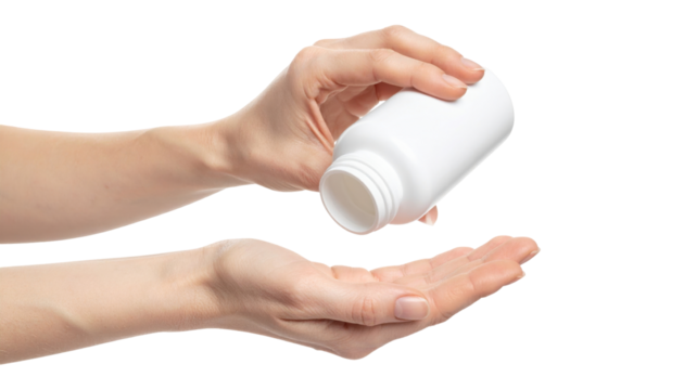 Hands Holding White Container with Pills Prepared for Health Supplements in a Neutral Environment
