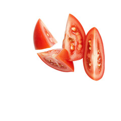 Fresh tomato slices with visible seeds and juicy texture, scattered and isolated on transparent background.