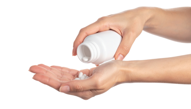 Hands Pouring Pills from a White Medicine Bottle into the Palm Against a Transparent Background - Powered by Adobe