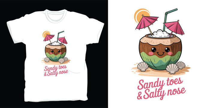 Cute cartoon coconut drink with summer beach quote