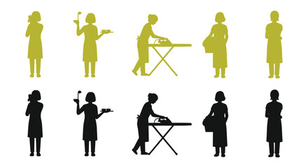 Cartoon housewife doing chores, illustration of woman in apron tasks