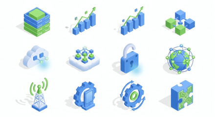 Essential isometric icon collection for digital technology, data analytics, cloud computing, network infrastructure, and cybersecurity concepts.