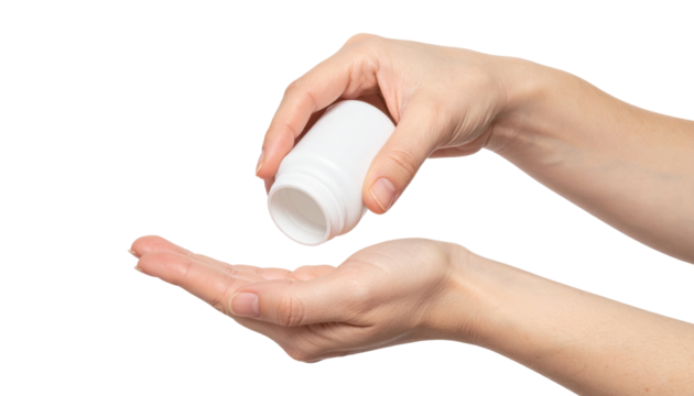 Hands Pouring Pills from White Bottle into Palm Isolated on Transparent Background