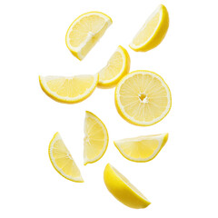 Bright lemon slices arranged in circular composition, showcasing juicy texture and freshness on transparent background.