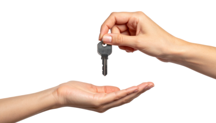 Hands Transferring a Key Signifying Trust and Ownership in a Property Transaction