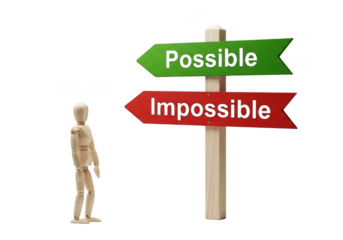 Wooden mannequin looking at a directional signpost with arrows pointing to possible and impossible, isolated on transparent background