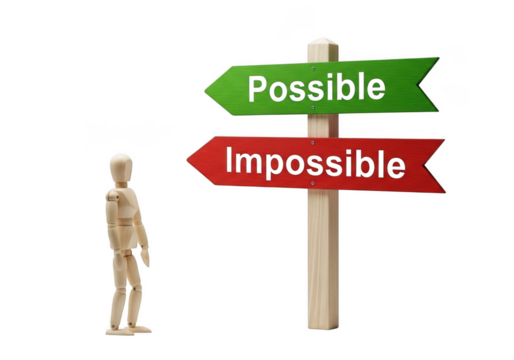 Wooden mannequin looking at a directional signpost with arrows pointing to possible and impossible, isolated on transparent background