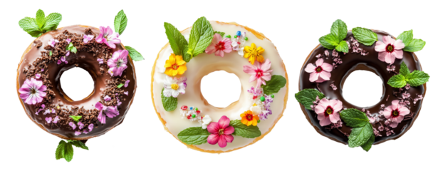 Donut with chocolate glaze decorated with colorful edible flowers and mint leaves, isolated on a white background.