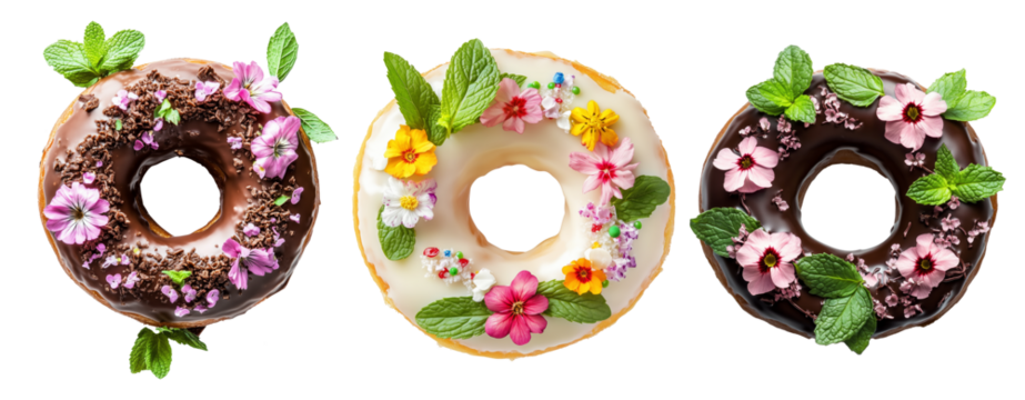 Donut with chocolate glaze decorated with colorful edible flowers and mint leaves, isolated on a white background.