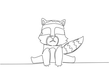 Single line draw of cute baby raccoon sitting with face mask markings and a wavy ringed tail, a woodland concept for cute wild animals cartoon sitting, ideal for nursery posters, stickers, kids room