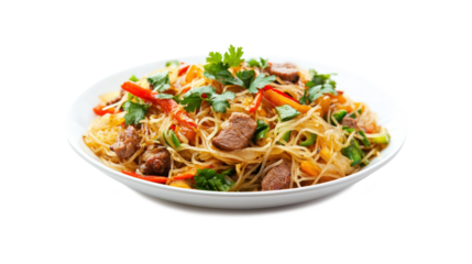 Asian food Fried Thai Rice noodles with meat and vegetables