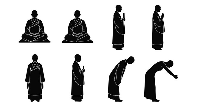 Zen monk silhouettes performing rituals in meditation and reverence