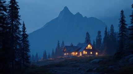 A cinematic landscape of a mountain cabin at blue hour, every window glowing warmly